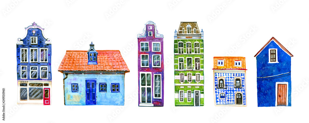 Set of blue and green old stone europe houses in a row. Hand drawn cartoon watercolor illustration