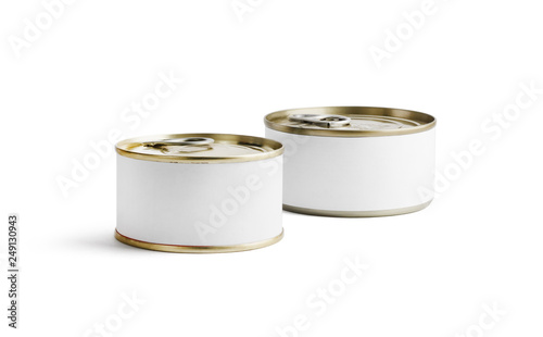 Cuadro en lienzo Two blank tin cans with blank white labels isolated on white background