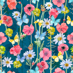 Acrylglasbilder Mohnblumenmuster Mohnblüten Schmetterlinge Aquarell Modemuster  © Aloksa