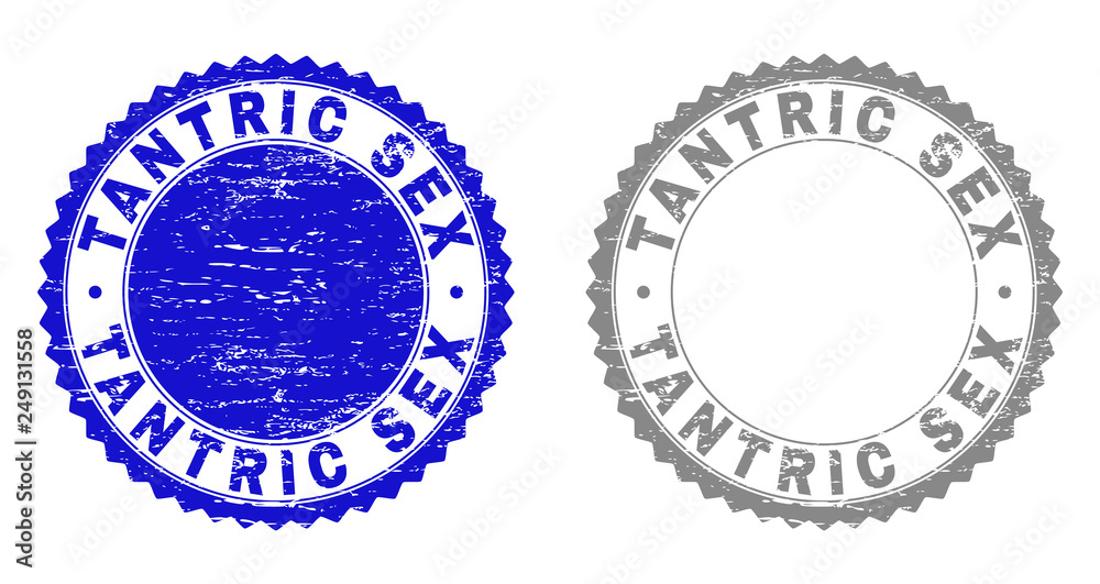 Obraz premium Grunge TANTRIC SEX stamp seals isolated on a white background. Rosette seals with grunge texture in blue and grey colors. Vector rubber stamp imitation of TANTRIC SEX caption inside round rosette.