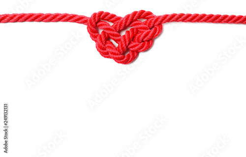 Heart made of red rope on white background, top view with space for text