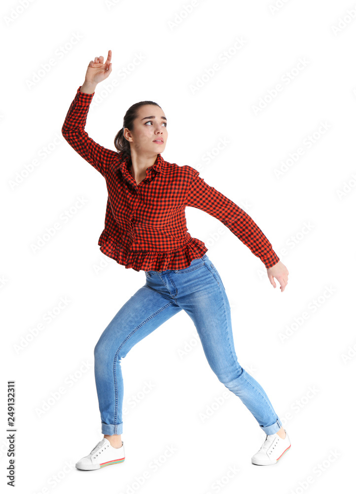 Young woman attracted to magnet on white background Young woman attracted to magnet on white background