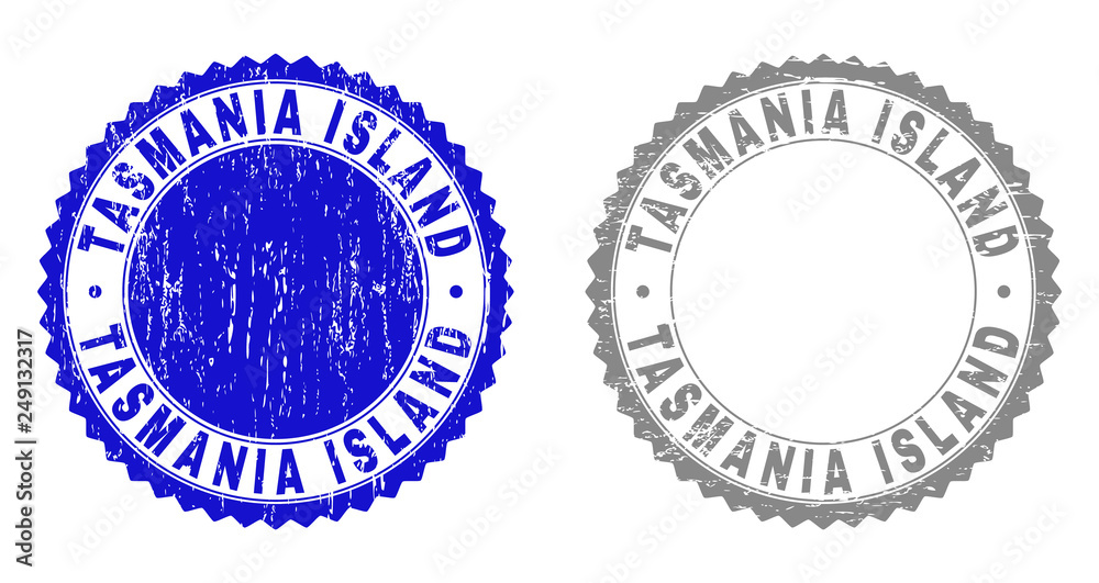 Grunge TASMANIA ISLAND stamp seals isolated on a white background. Rosette seals with grunge texture in blue and gray colors. Vector rubber stamp imprint of TASMANIA ISLAND text inside round rosette.