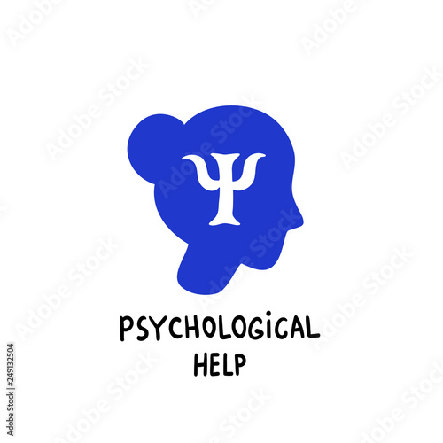 Psychology. Psychological help. Female head profile with Psi letter inside.Brain and mental health vector icon or logo. Doodle style flat vector illustration