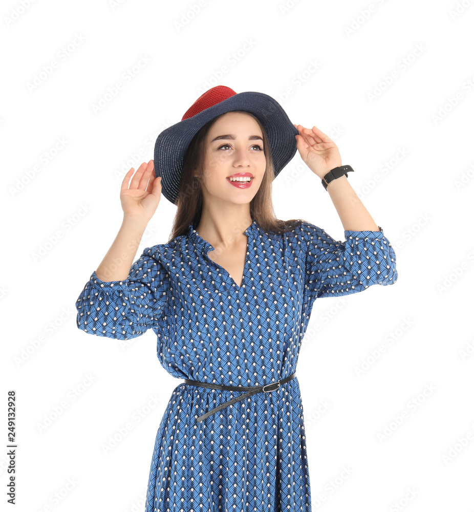Portrait of beautiful young woman in stylish dress on white background Portrait of beautiful young woman in stylish dress on white background