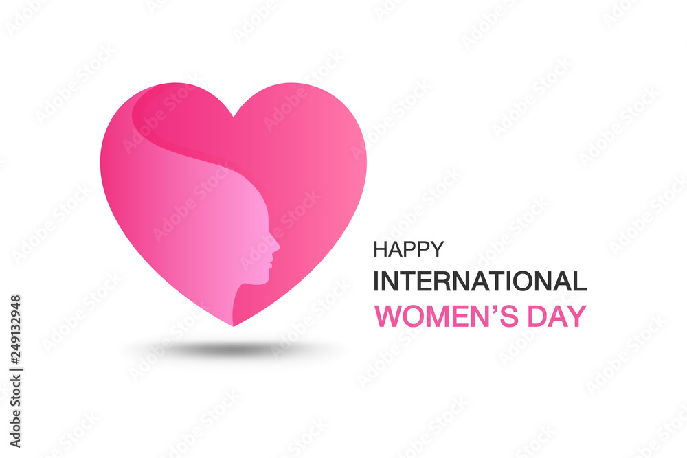 Happy international women’s day design element with pink heart. For invitation, greeting card, booklet, leaflet, magazine, brochure.