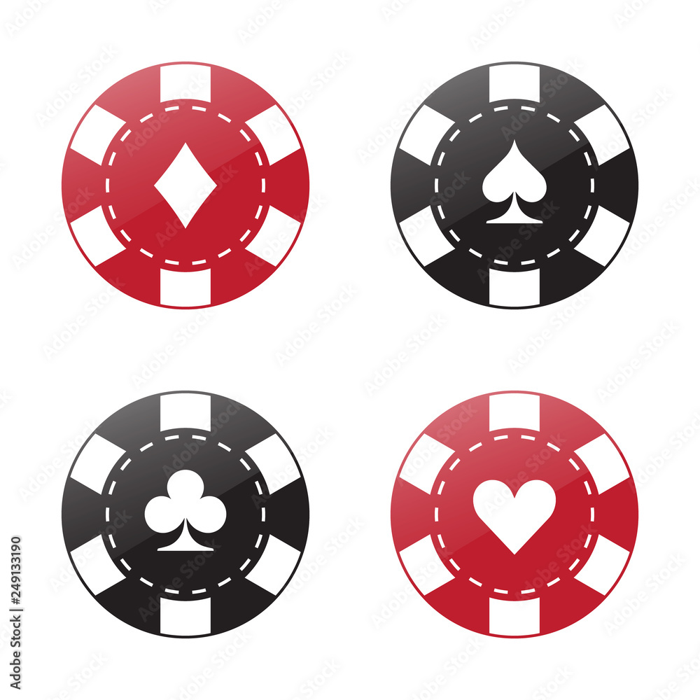 Casino chip set with poker card symbols in top view isolated on white. Gaming symbols. Casino chip set with poker card symbols in top view isolated on white. Gaming symbols.