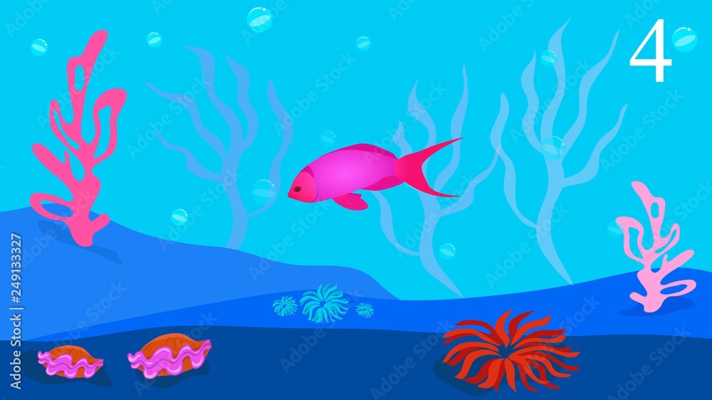 Marine background with fish, marine life, in the vector, designed for cards, banners, children's books, animation Marine background with fish, marine life, in the vector, designed for cards, banners, children's books, animation
