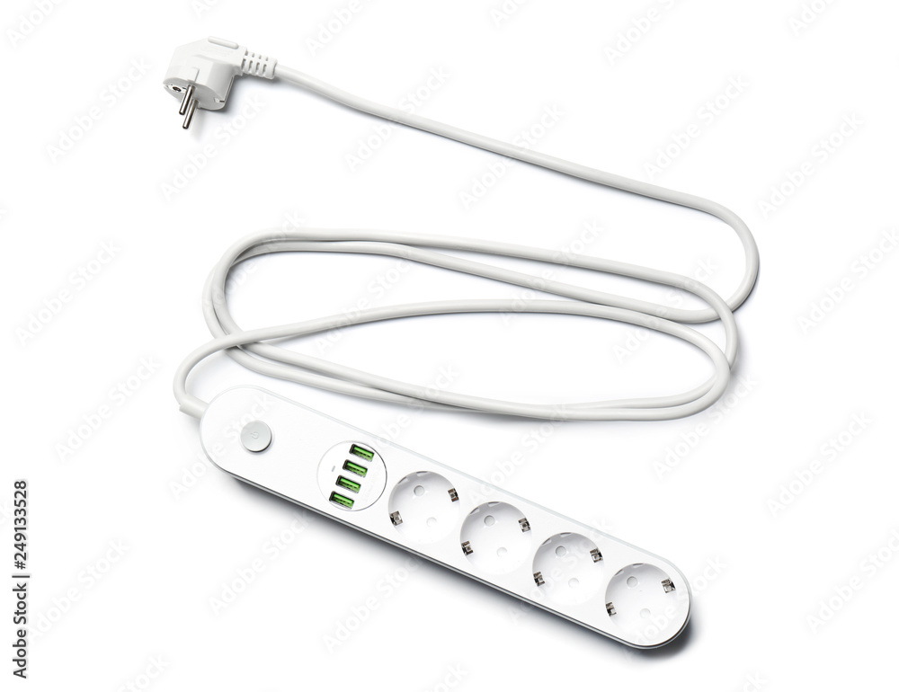 Extension cord on white background, top view. Electrician's equipment Extension cord on white background, top view. Electrician's equipment