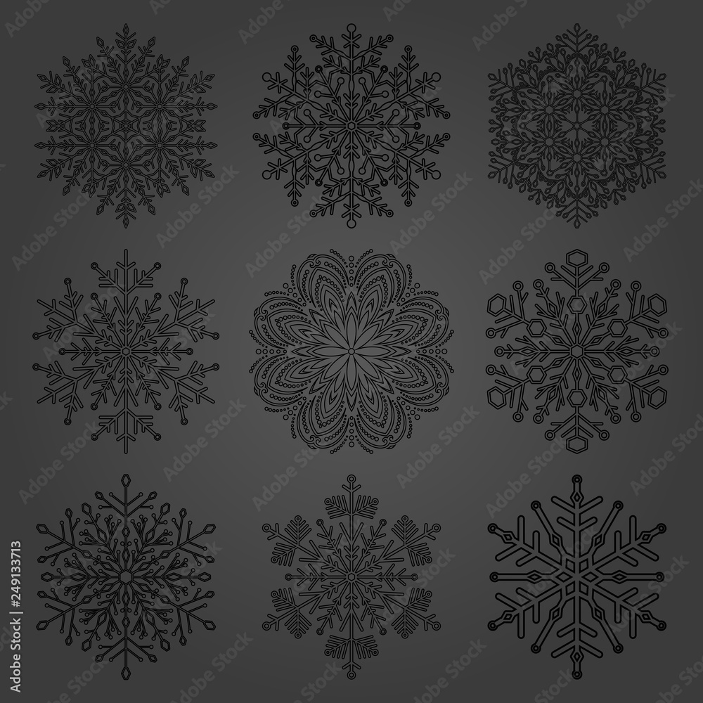 Set of vector snowflakes. Black winter ornaments. Snowflakes collection. Snowflakes for backgrounds and designs
