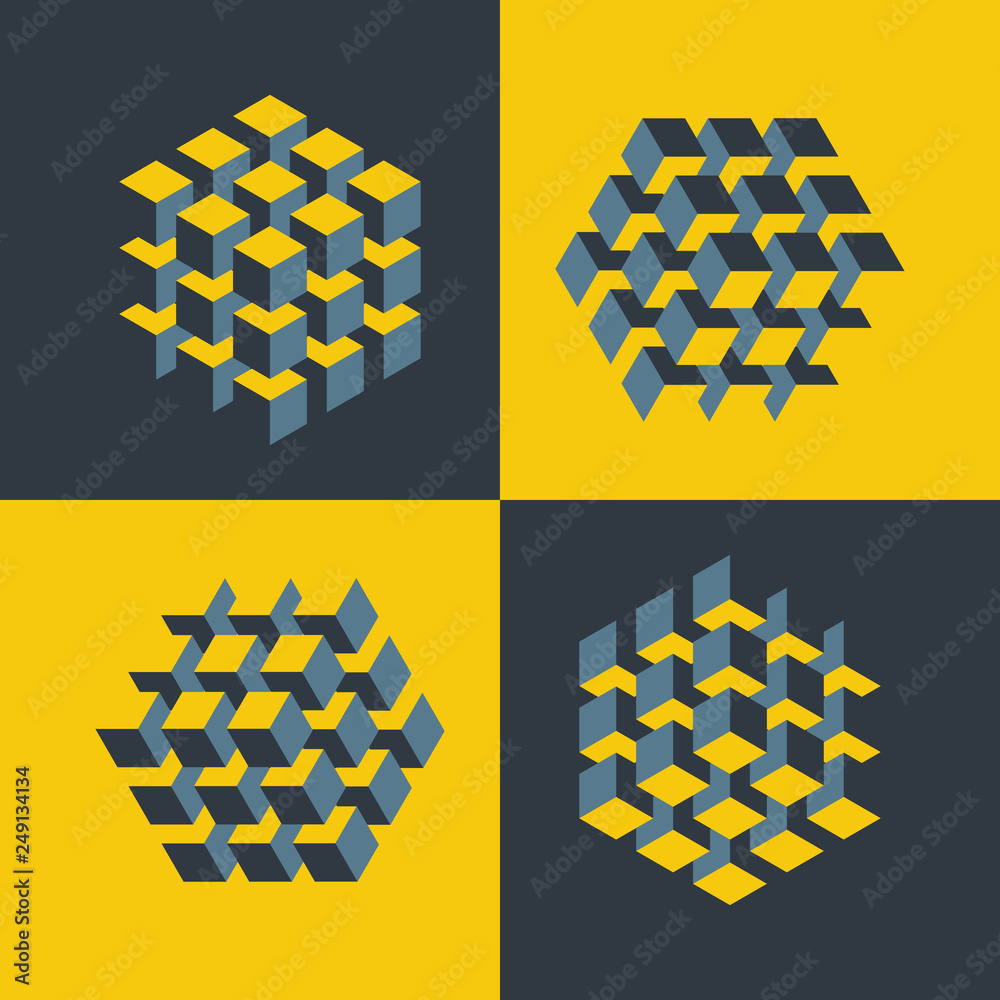 Set of isometric cubes constructed of several blocks. Imp art seamless pattern. Group of objects for construction of visual paradox maze, brain optical illusion. Abstract symbols with three-dimensiona - obrazy, fototapety, plakaty 