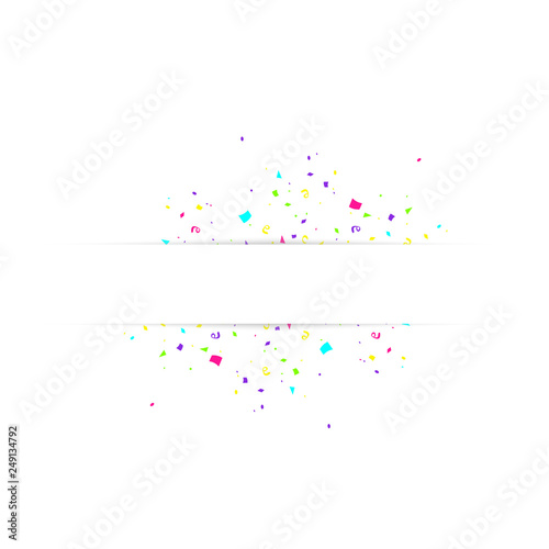 Blank banner with color confetti isolated on white background. Vector festive background. Happy birthday concept