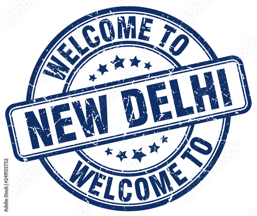 welcome to New Delhi blue round vintage stamp