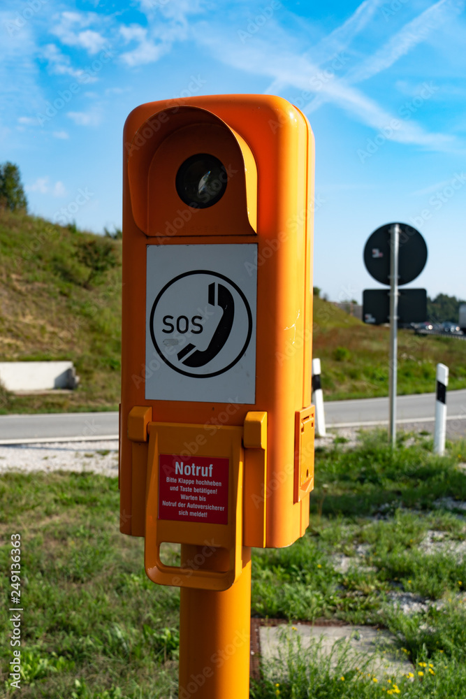 SOS emergency telephone box along the German autobahn, motorway Stock