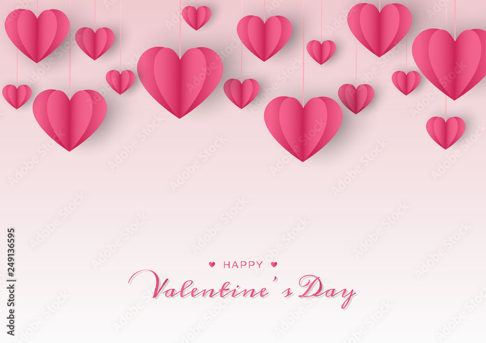 Happy valentines day on pink background with paper heart, Love concept and copy space. Vector illustration