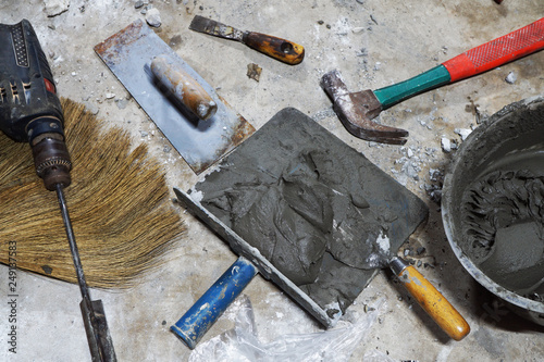 Masonry tools, wooden hammer,