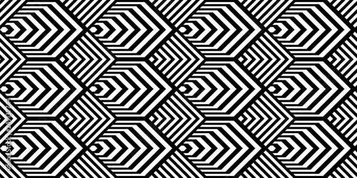 Seamless pattern with black white lines. Vector scales of striped hexagons and rhombuses. Op art background. Industrial technologic texture.