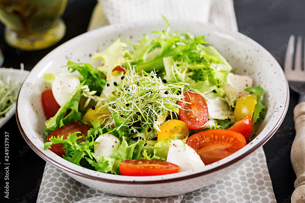 Vegetarian salad with cherry tomato, mozzarella and lettuce. Italian cuisine. Vegetarian salad with cherry tomato, mozzarella and lettuce. Italian cuisine.