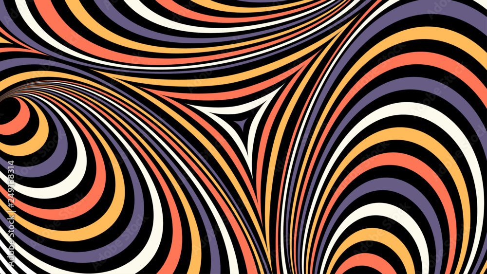 Vector multicolored background. Hypnotic abstraction with round striped lines. Colorful backdrop with circles and triangles. Optical illusion. Op art. - obrazy, fototapety, plakaty 
