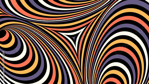 Vector multicolored background. Hypnotic abstraction with round striped lines. Colorful backdrop with circles and triangles. Optical illusion. Op art.