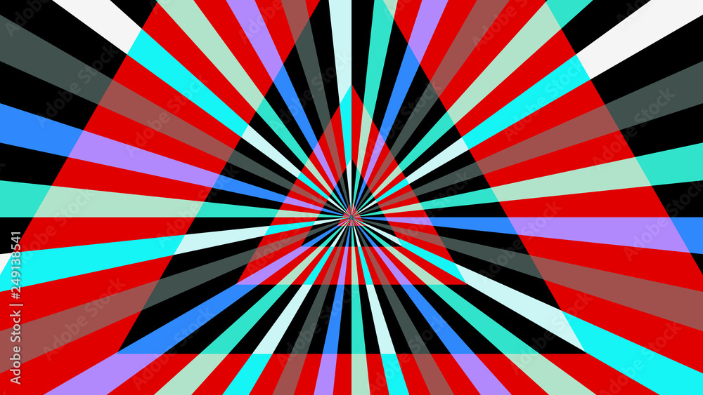 Vector color background. Geometric abstraction with striped lines. Symmetric backdrop with rays. Shining kinetic triangles. Optical illusion. Op art.