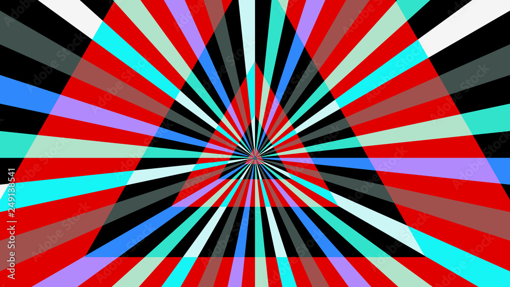 Fototapeta premium Vector color background. Geometric abstraction with striped lines. Symmetric backdrop with rays. Shining kinetic triangles. Optical illusion. Op art.
