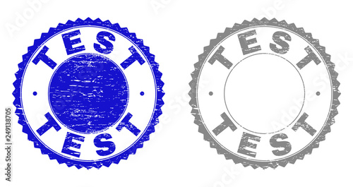 Grunge TEST stamp seals isolated on a white background. Rosette seals with grunge texture in blue and grey colors. Vector rubber stamp imitation of TEST title inside round rosette.