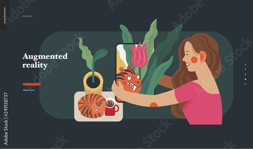 Technology 2 -Augmented reality, modern flat vector concept digital illustration -augmented reality metaphor -woman with tablet. Creative landing web page design template