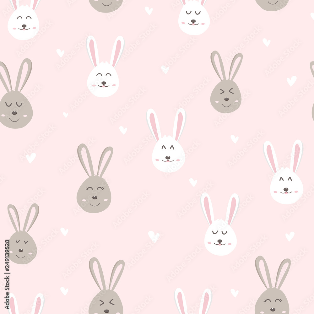 Adorable, cute rabbit with heart, cartoon face characters, baby and kids, animal seamless pattern pink pastel background texture vector illustration Adorable, cute rabbit with heart, cartoon face characters, baby and kids, animal seamless pattern pink pastel background texture vector illustration