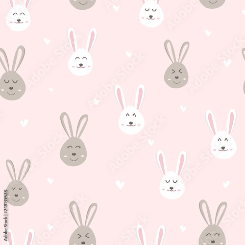 Adorable  cute rabbit with heart  cartoon face characters  baby and kids  animal seamless pattern pink pastel background texture vector illustration