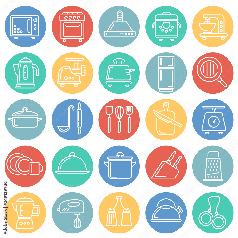 Kitchen appliances line icons set on color circles white background for graphic and web design, Modern simple vector sign. Internet concept. Trendy symbol for website design web button or mobile app Kitchen appliances line icons set on color circles white background for graphic and web design, Modern simple vector sign. Internet concept. Trendy symbol for website design web button or mobile app