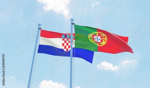 Portugal and Croatia, two flags waving against blue sky. 3d image