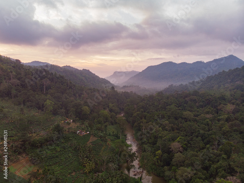 Sinharaja rain forest nature reserve Sri Lanka Aerial View at Sunset Mountains Jungle Ancient Forest