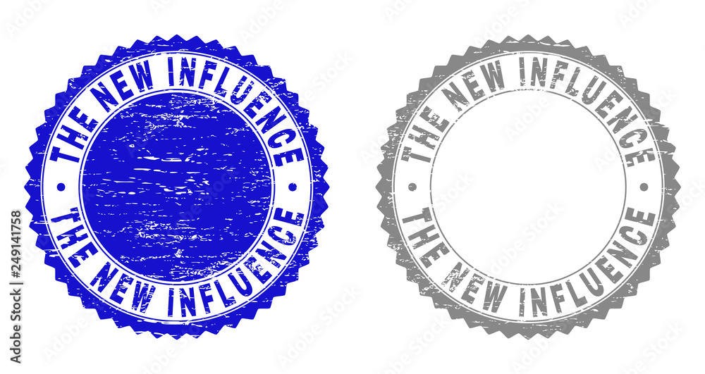 Grunge THE NEW INFLUENCE stamp seals isolated on a white background. Rosette seals with grunge texture in blue and gray colors.