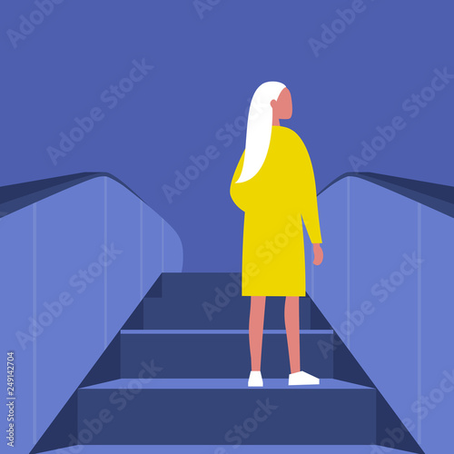 Blonde female Character going up on the escalator. Metro. Subway station. Shopping mall. Flat editable vector illustration, clip art