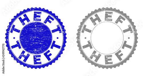 Grunge THEFT stamp seals isolated on a white background. Rosette seals with grunge texture in blue and grey colors. Vector rubber stamp imprint of THEFT title inside round rosette.