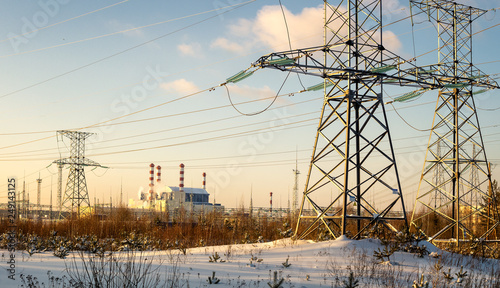panorama Beloyarsk nuclear power plant with power lines, Russia, Ural, winter