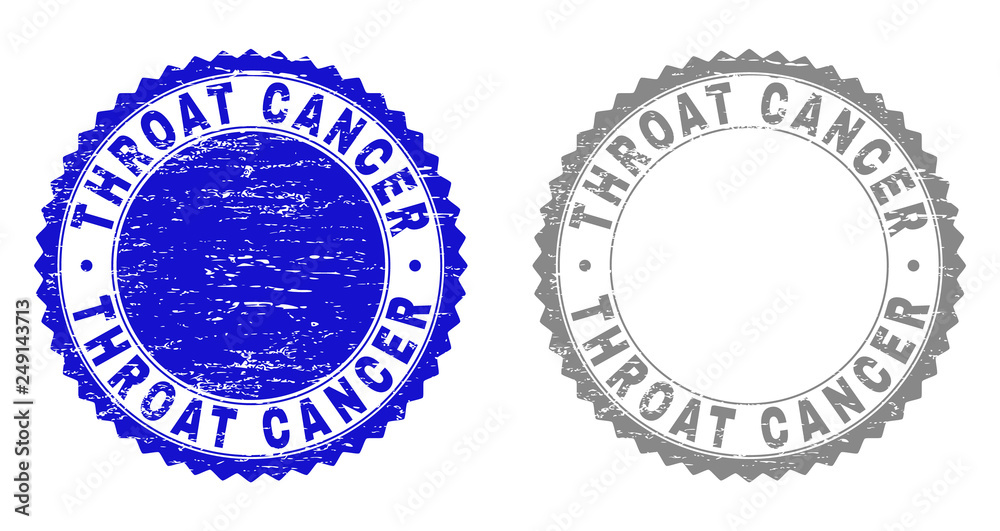 Grunge THROAT CANCER stamp seals isolated on a white background. Rosette seals with grunge texture in blue and gray colors. Vector rubber stamp imitation of THROAT CANCER tag inside round rosette.