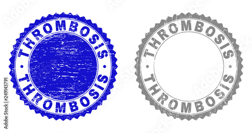 Grunge THROMBOSIS stamp seals isolated on a white background. Rosette seals with grunge texture in blue and gray colors. Vector rubber stamp imprint of THROMBOSIS title inside round rosette.