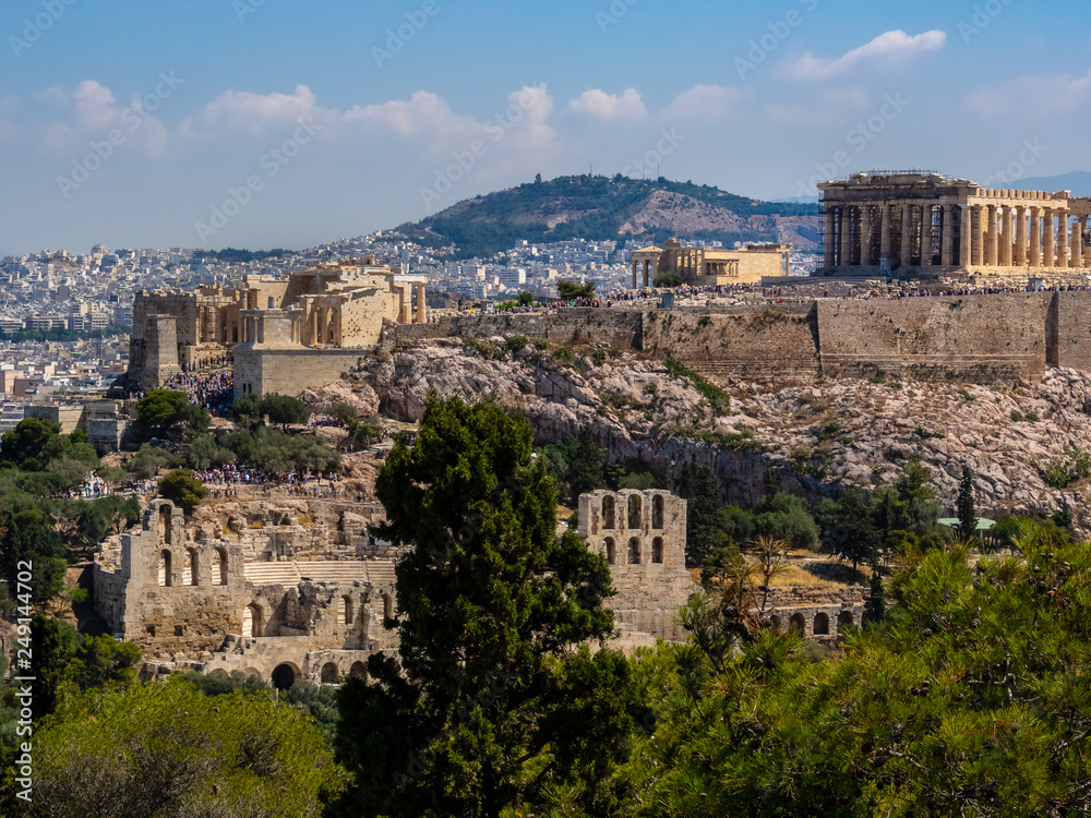 Panoramic view of Athens and Acropolis shot from Hill of Muses at clear summer day