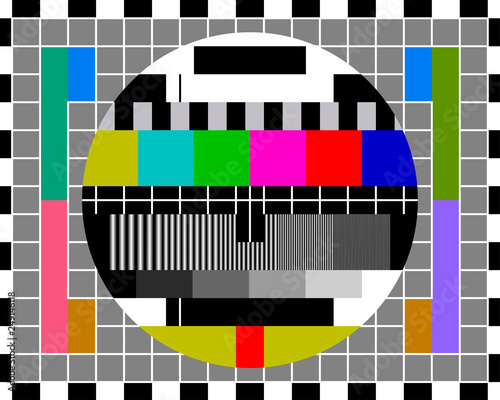 Test card TV with rainbow colored stripes and geometric signals. photo