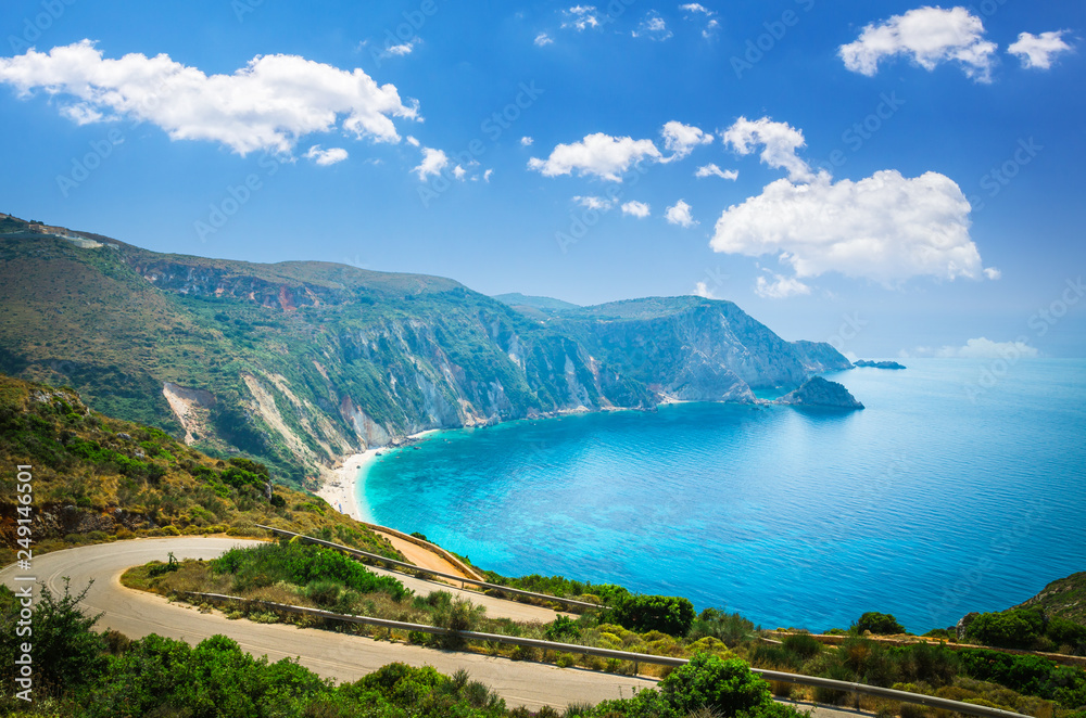 Petani beach, Kefalonia island, Greece. Stunning view of Petani bay in Greek island of Cephalonia.