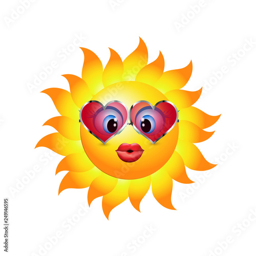 Cartoon sun sending a kiss. Emoticon with heart-shaped trend sunglasses. Vector 3d illustration