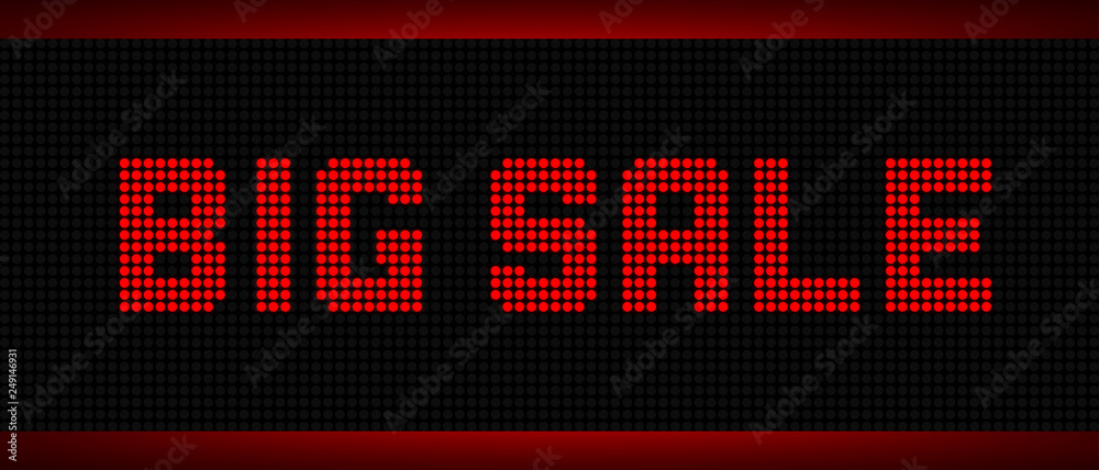 Big sale digital promo banner. Signboard with red shiny text on black.