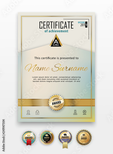 Official certificate with gold design elements. Business clean modern design. Set of Gold emblem.