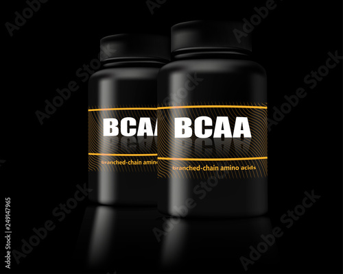 BCAA container. Set of branched chain amino acids. Sports nutrition with BCAA. 3D vector. 