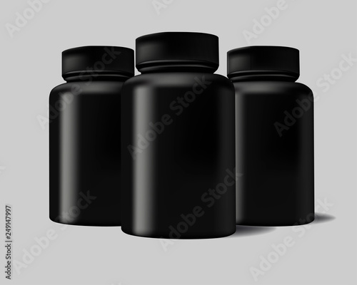 Vector realistic 3d black plastic jug, can with the cap set closeup on a white background. Template design of whey protein, sports protein, vitamins, BCAA, tablets, capsules for the layout. 