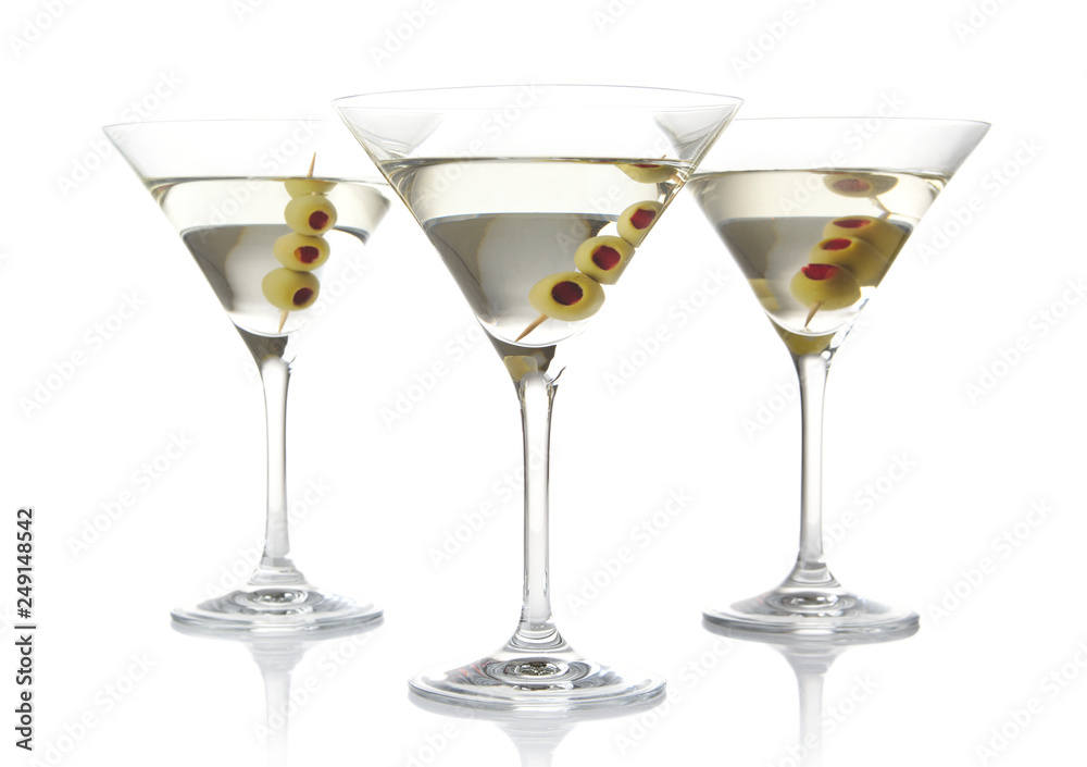 Russian martinis with vodka & olives isolated on white Russian martinis with vodka & olives isolated on white