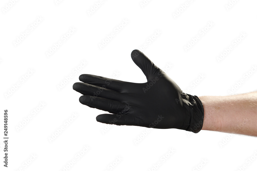 Male hand in black rubber gloves, symbol, sign or gesture. On a white isolate background. Male hand in black rubber gloves, symbol, sign or gesture. On a white isolate background.