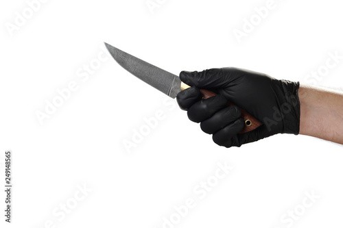 Male hand in black rubber gloves, symbol, sign or gesture. On a white isolate background.
